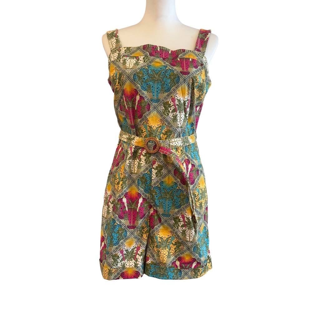 Loft Tropical Palm Parrot Print Belted Romper with pockets multicolor size 8